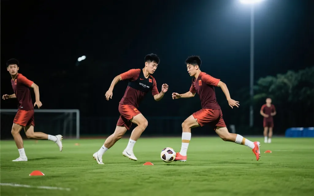 国家队训练场灯光下，年轻球员在高强度对抗训练中专注冲刺